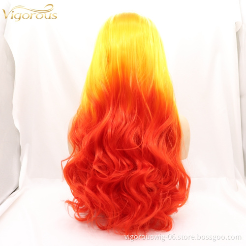 Vigorous Light Red Ombre Yellow Roots Lace Front Wigs with baby hair Pre Plucked for Women Long Body Wave Straight Wig